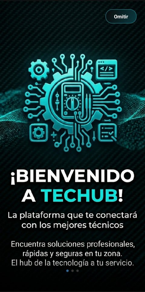 Pantalla de bienvenida de Techub al abrir la app