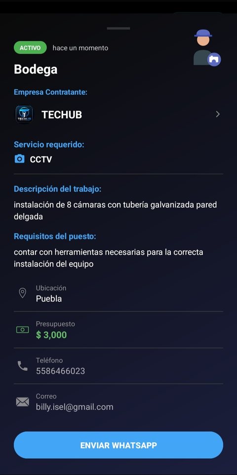 Detalle de una publicación con presupuesto, requisitos y botón de WhatsApp