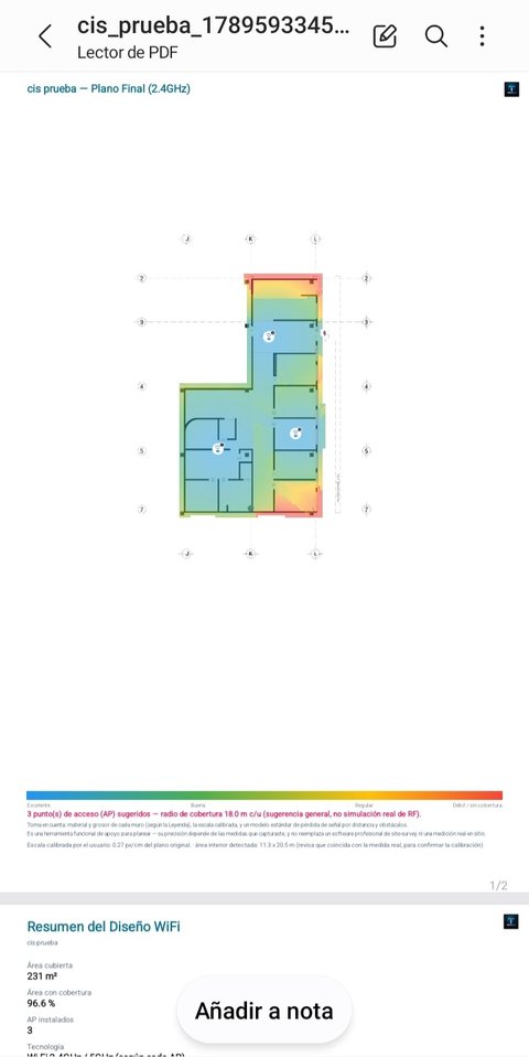 PDF del diseño WiFi con el plano final y el resumen de cobertura