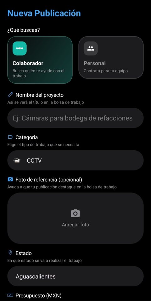 Formulario para publicar un trabajo nuevo en Techub