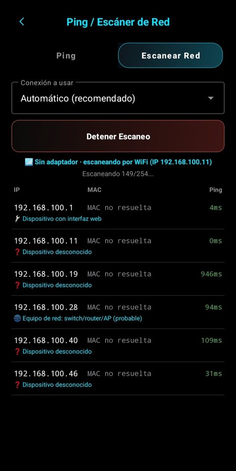 Escáner de red de Techub mostrando los dispositivos encontrados