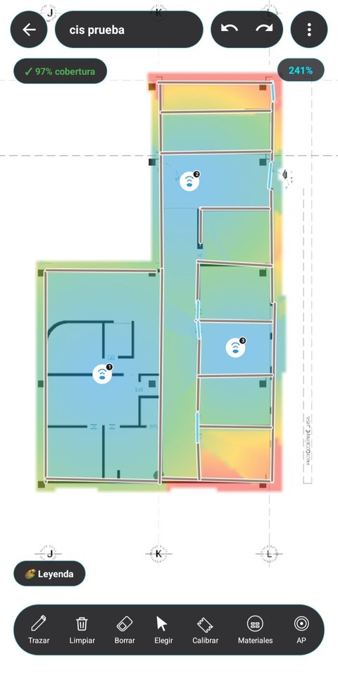 Mapa de calor de cobertura WiFi con los APs sembrados en el plano