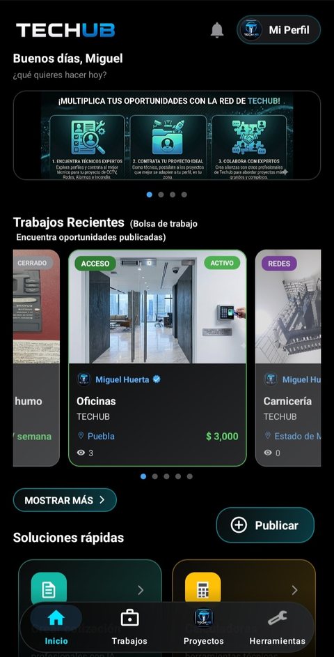 Pantalla de Inicio de Techub con la bolsa de trabajo